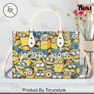Cute Yellow Minions Cartoon Personalized Name Custom Printed Leather Handbag