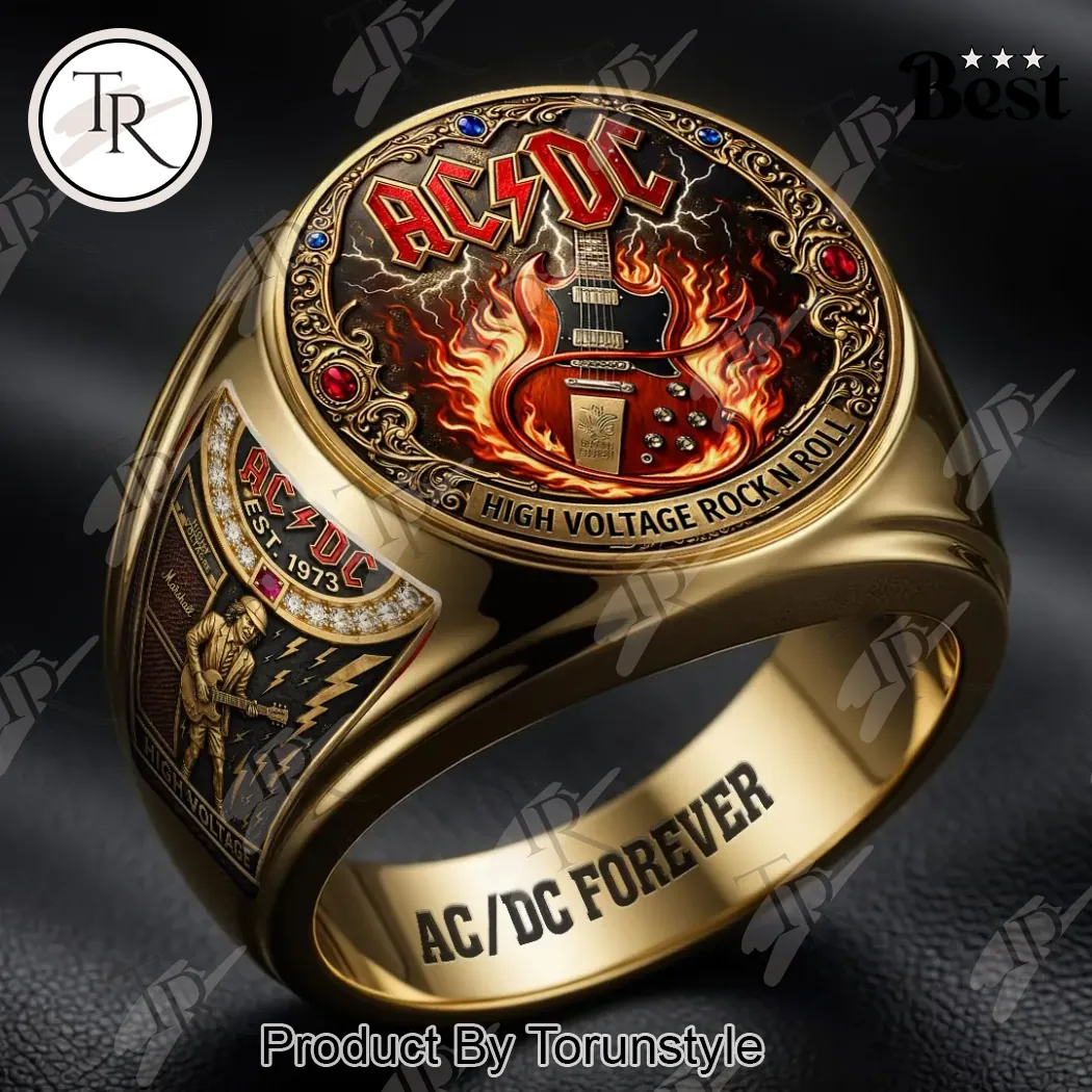 AC/DC High Voltage Rock N Roll Gold Plated 3D Engraved Signet Ring AC/DC High Voltage Rock N Roll Gold Plated 3D Engraved Signet Ring