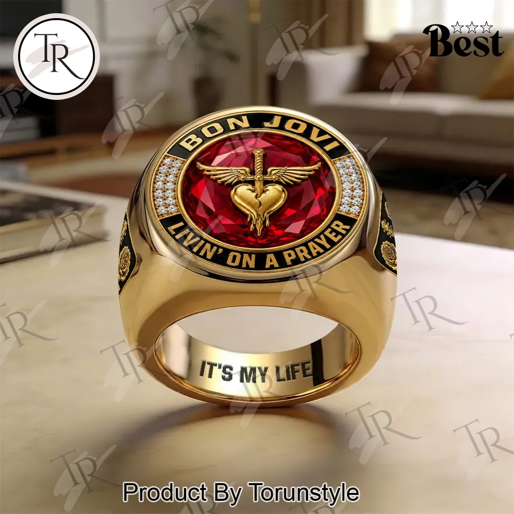 Bon Jovi Livin’ On A Prayer Gold 3D Engraved Red Stone Ring Bon Jovi Livin’ On A Prayer Gold 3D Engraved Red Stone Ring
