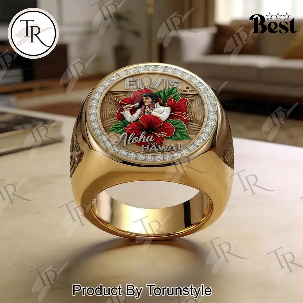 Elvis Presley Aloha From Hawaii 3D Engraved Gold Tone Ring Elvis Presley Aloha From Hawaii 3D Engraved Gold Tone Ring