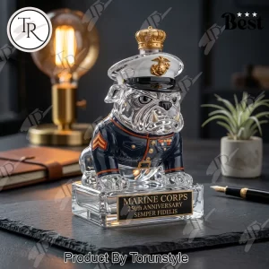 US Marine Corps Bulldog 250th Anniversary Commemorative Glass Whiskey Bottle
