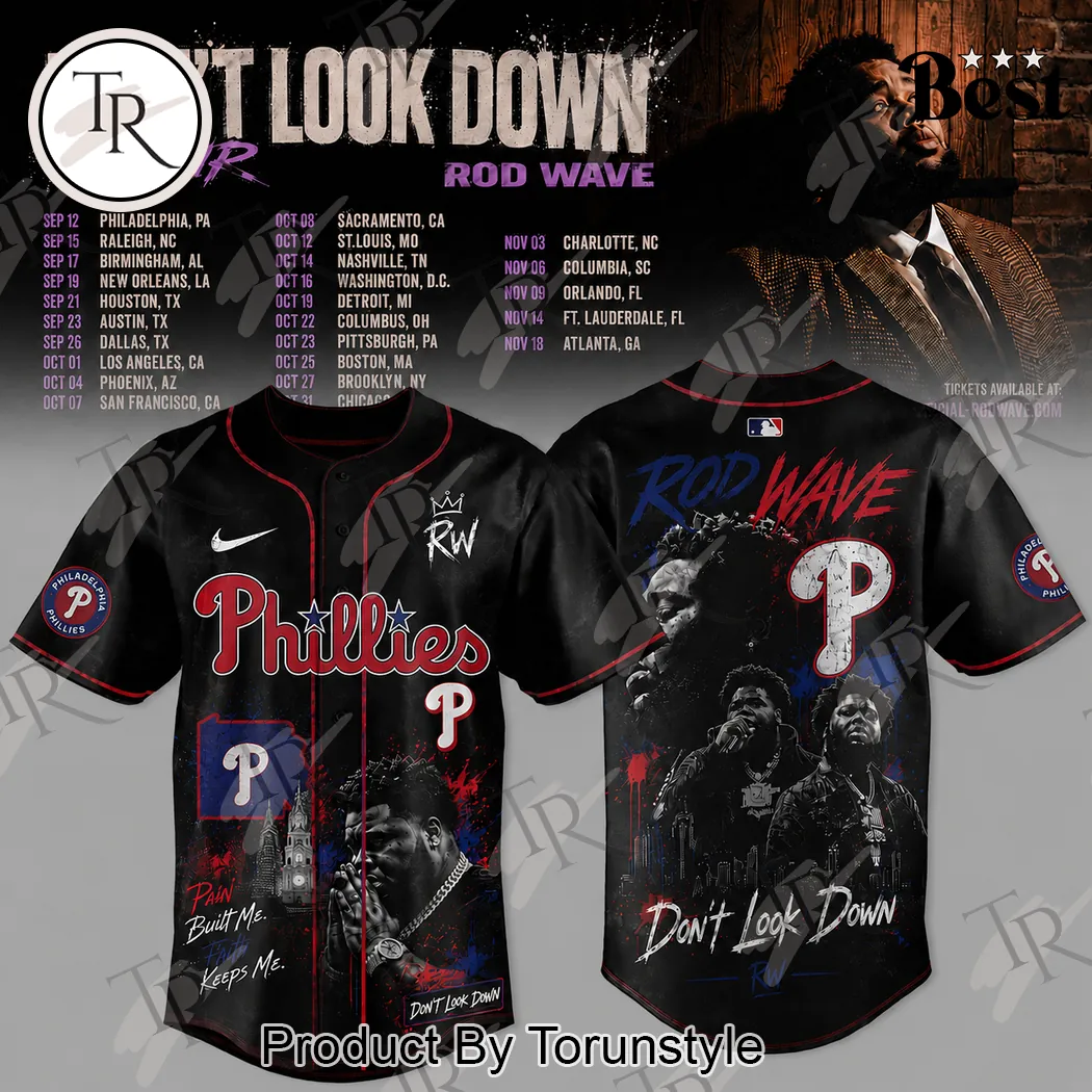 Rod Wave Don’t Look Down Tour Philadelphia Phillies Commemorative Black Baseball Jersey Rod Wave Don’t Look Down Tour Philadelphia Phillies Commemorative Black Baseball Jersey