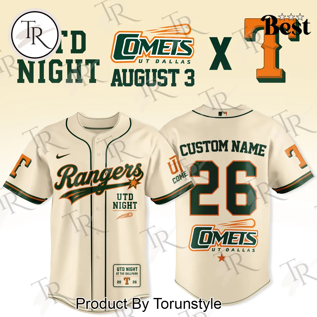 Texas Rangers UT Dallas Comets UTD Night Personalized Cream Baseball Jersey Texas Rangers UT Dallas Comets UTD Night Personalized Cream Baseball Jersey