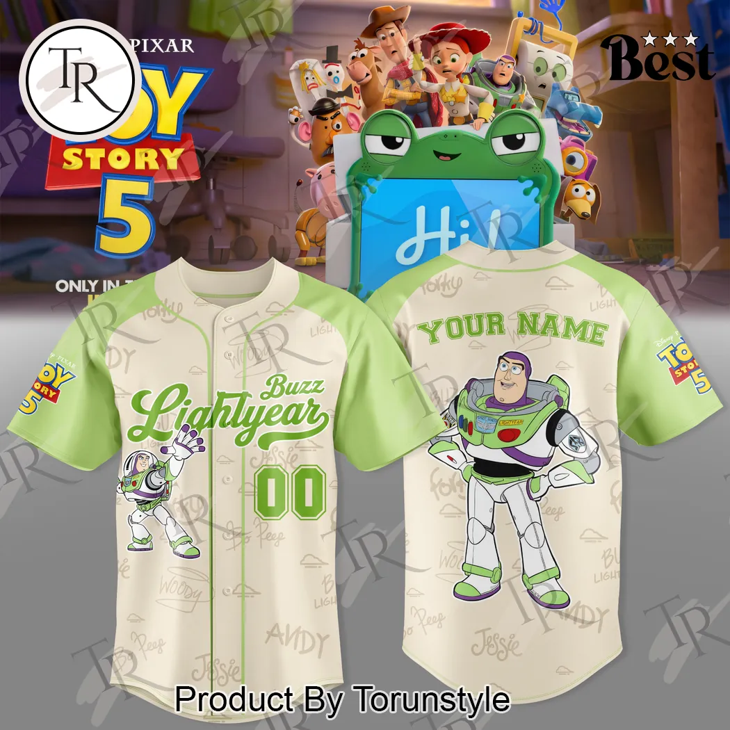 Toy Story 5 Buzz Lightyear Personalized Name Green and Cream Baseball Jersey Toy Story 5 Buzz Lightyear Personalized Name Green and Cream Baseball Jersey