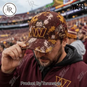Washington Commanders Curious George Personalized Distressed Burgundy Gold Classic Cap Washington Commanders Curious George Personalized Distressed Burgundy Gold Classic Cap