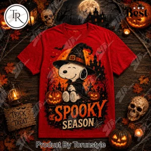 Snoopy Spooky Season Witch and Vampire Halloween Red Graphic T-Shirt