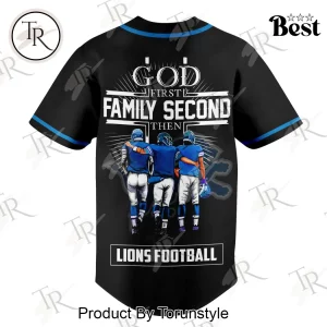 Detroit Lions God First Family Second Faith and Brotherhood Premium Black Baseball Jersey