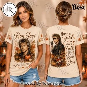 Bon Jovi Just A Girl Who Loves Fall Autumn Leaves Pumpkin Double Sided Graphic T-Shirt