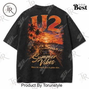 U2 Summer Vibes Retro Sunset Washed Black Graphic T-Shirt