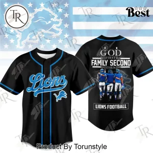Detroit Lions God First Family Second Faith and Brotherhood Premium Black Baseball Jersey
