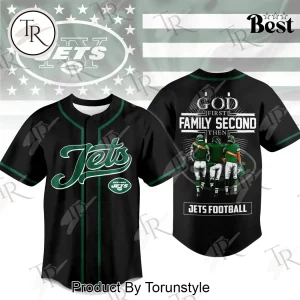 New York Jets God First Family Second Faith and Brotherhood Premium Black Graphic Baseball Jersey