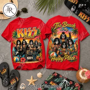 KISS Rock Band The Beach Is My Happy Place Summer Tropical Red Graphic T-Shirt KISS Rock Band The Beach Is My Happy Place Summer Tropical Red Graphic T-Shirt
