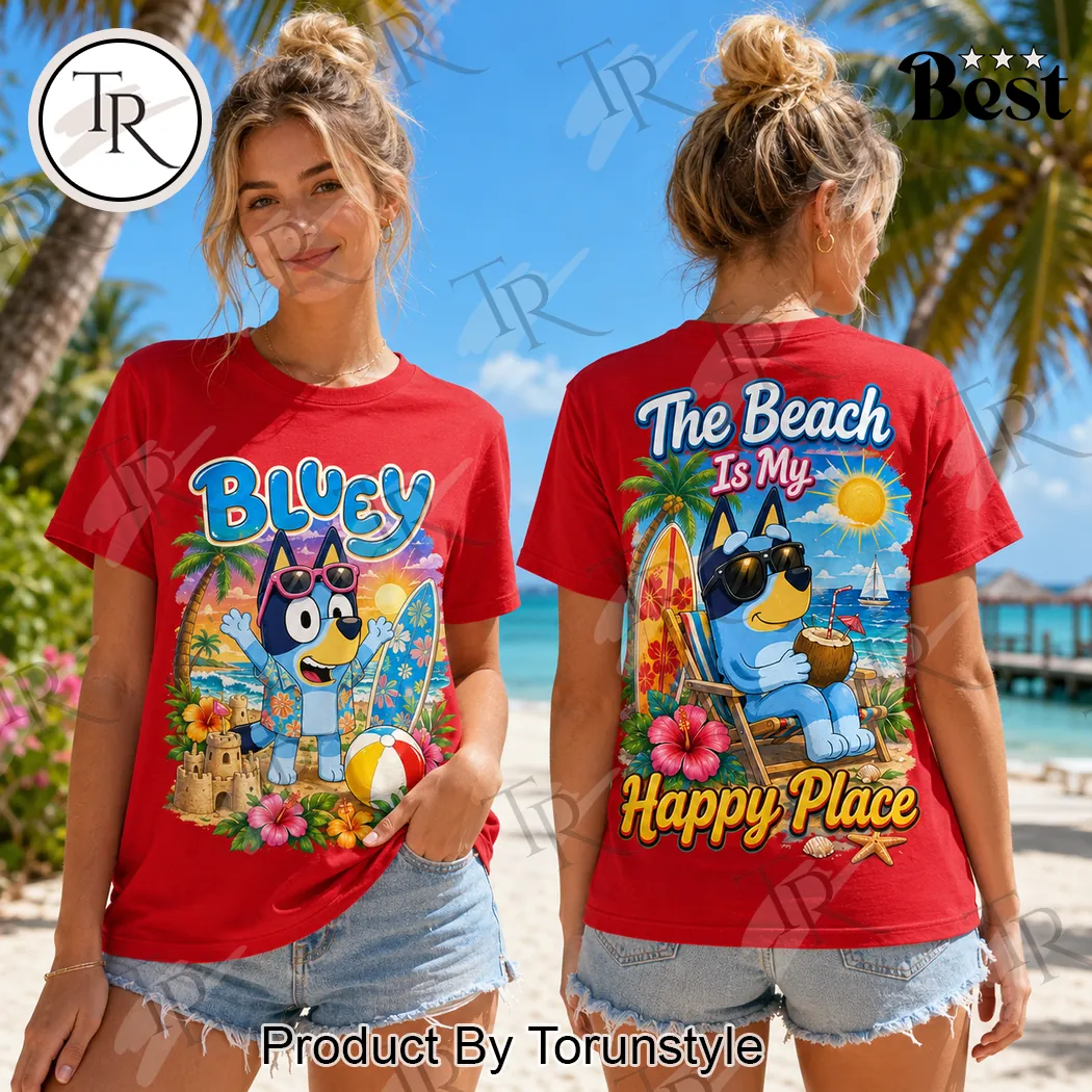 Bluey The Beach Is My Happy Place Red Double Sided Graphic T-Shirt Bluey The Beach Is My Happy Place Red Double Sided Graphic T-Shirt