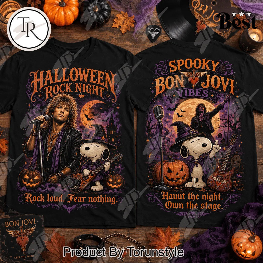 Bon Jovi and Snoopy Halloween Rock Night Vintage Graphic T-Shirt Bon Jovi and Snoopy Halloween Rock Night Vintage Graphic T-Shirt