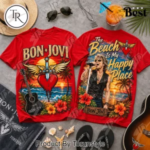 Bon Jovi The Beach Is My Happy Place Tropical Rock Band Graphic T-Shirt Bon Jovi The Beach Is My Happy Place Tropical Rock Band Graphic T-Shirt