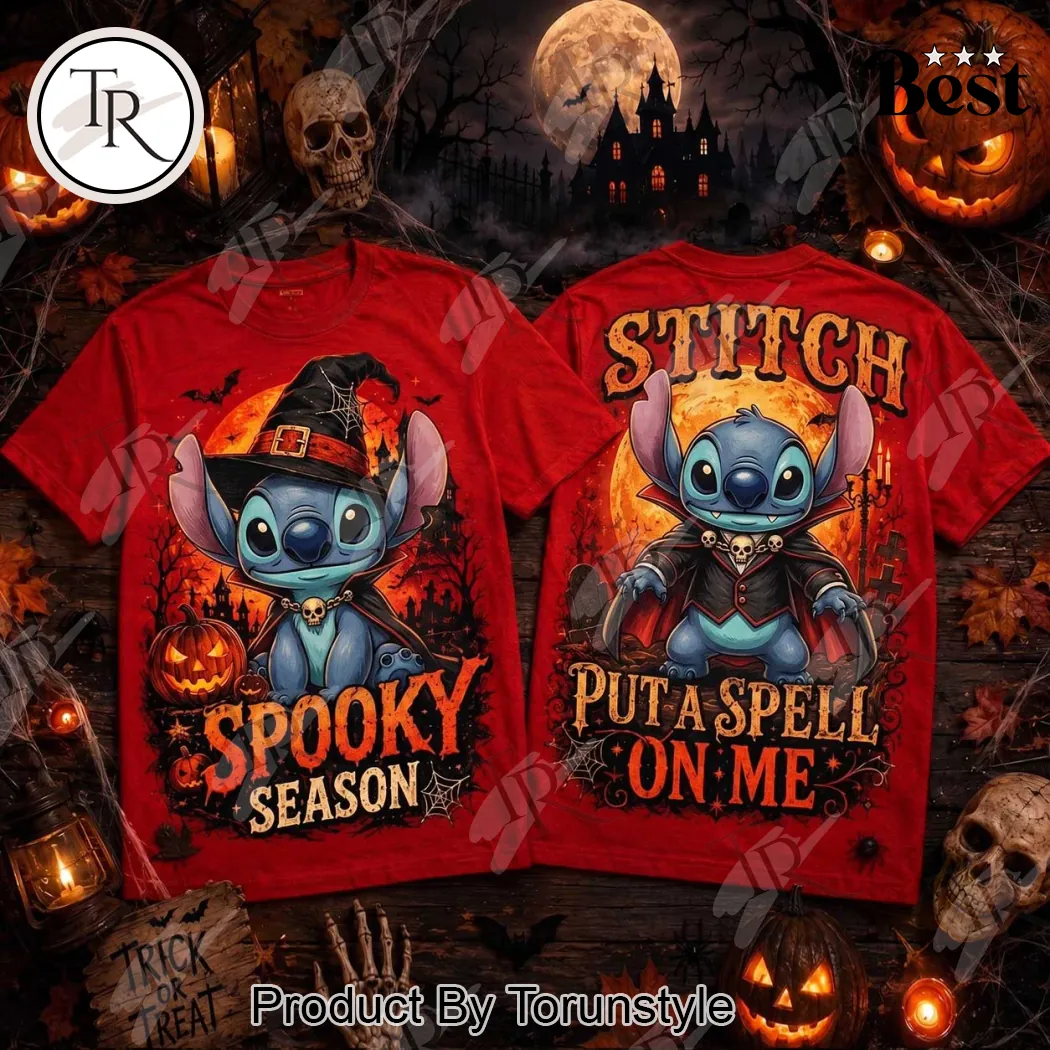 Disney Stitch Halloween Spooky Season Witch and Vampire Red Graphic T-Shirt Disney Stitch Halloween Spooky Season Witch and Vampire Red Graphic T-Shirt