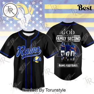 Los Angeles Rams God First Family Second Faith and Brotherhood Premium Black Baseball Jersey