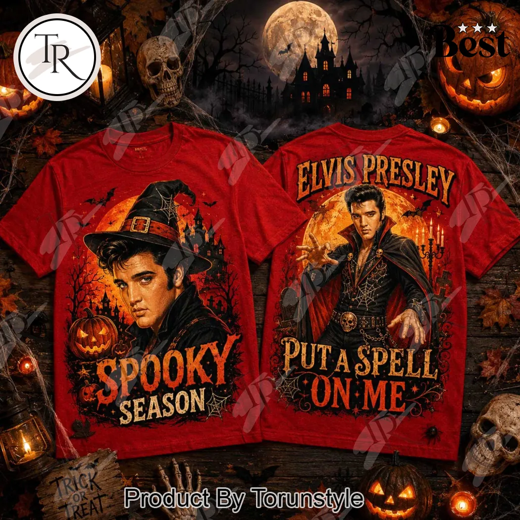 Elvis Presley Spooky Season Halloween Rockabilly Witch and Vampire Graphic T-Shirt Elvis Presley Spooky Season Halloween Rockabilly Witch and Vampire Graphic T-Shirt
