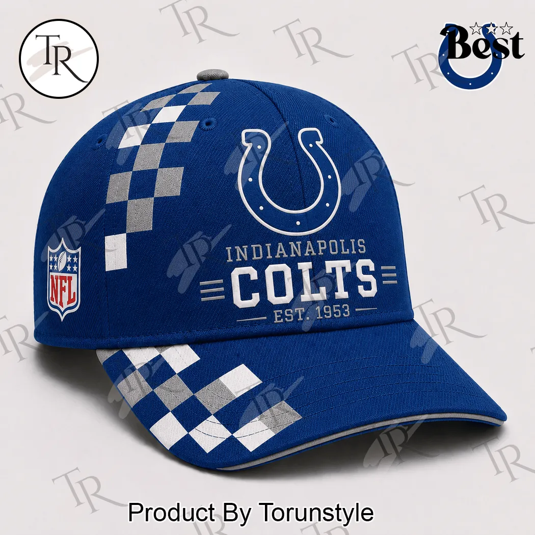 Indianapolis Colts NFL Est 1953 Premium Blue Checkered Sideline Baseball Cap Indianapolis Colts NFL Est 1953 Premium Blue Checkered Sideline Baseball Cap