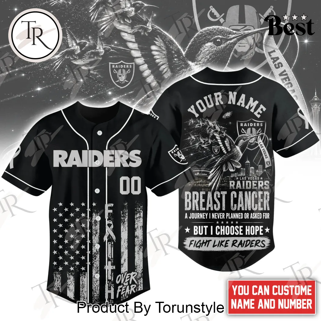 Las Vegas Raiders Breast Cancer Awareness Faith Over Fear Personalized Black Baseball Jersey Las Vegas Raiders Breast Cancer Awareness Faith Over Fear Personalized Black Baseball Jersey
