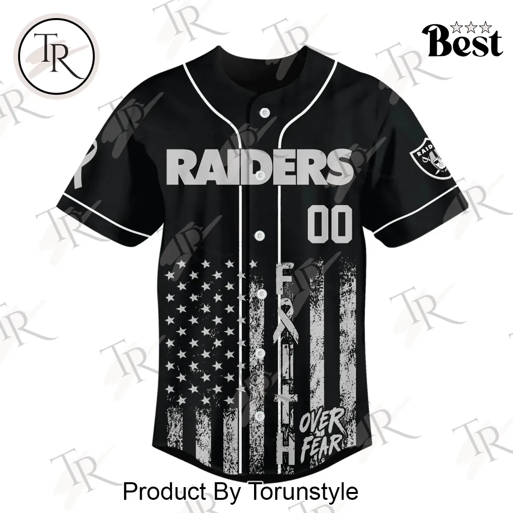 Las Vegas Raiders Breast Cancer Awareness Faith Over Fear Personalized Black Baseball Jersey Las Vegas Raiders Breast Cancer Awareness Faith Over Fear Personalized Black Baseball Jersey