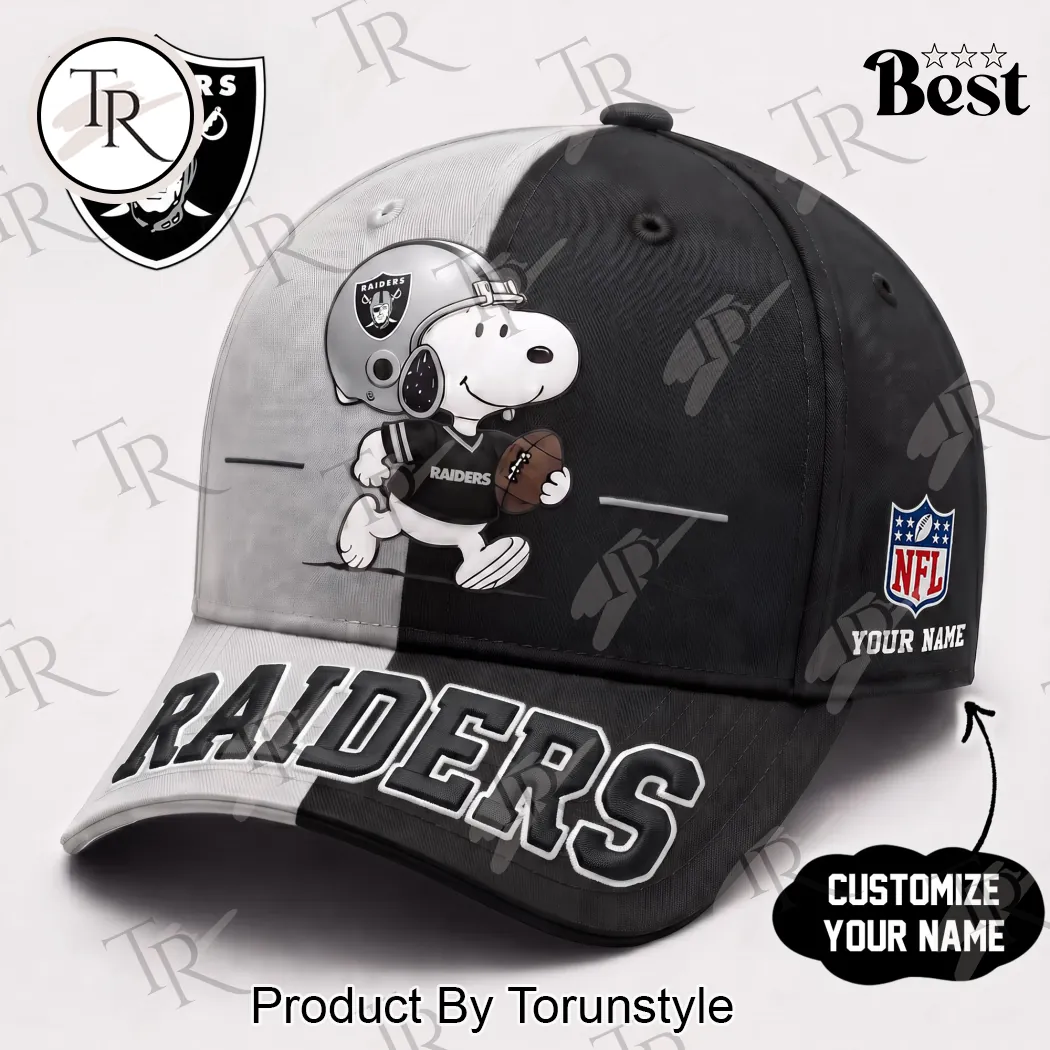 Las Vegas Raiders Snoopy NFL Personalized Custom Name Split Color Baseball Cap Las Vegas Raiders Snoopy NFL Personalized Custom Name Split Color Baseball Cap