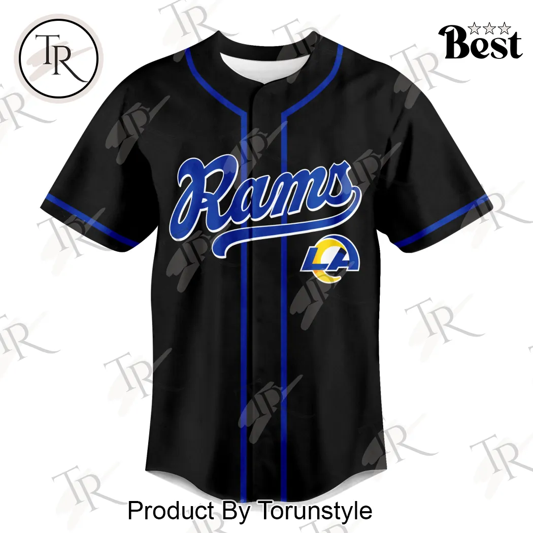 Los Angeles Rams God First Family Second Faith and Brotherhood Premium Black Baseball Jersey Los Angeles Rams God First Family Second Faith and Brotherhood Premium Black Baseball Jersey