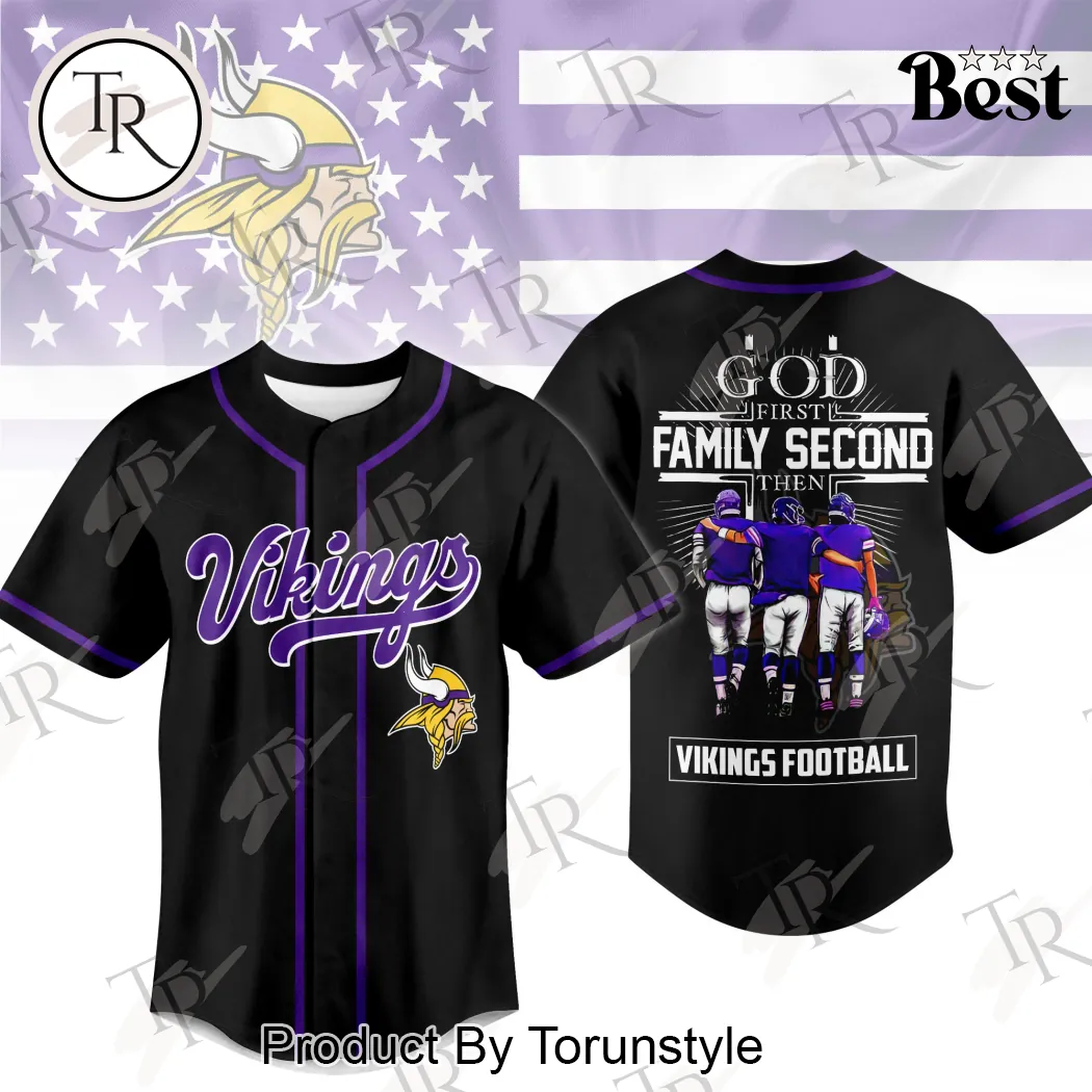 Minnesota Vikings God First Family Second Faith and Brotherhood Premium Black Baseball Jersey Minnesota Vikings God First Family Second Faith and Brotherhood Premium Black Baseball Jersey