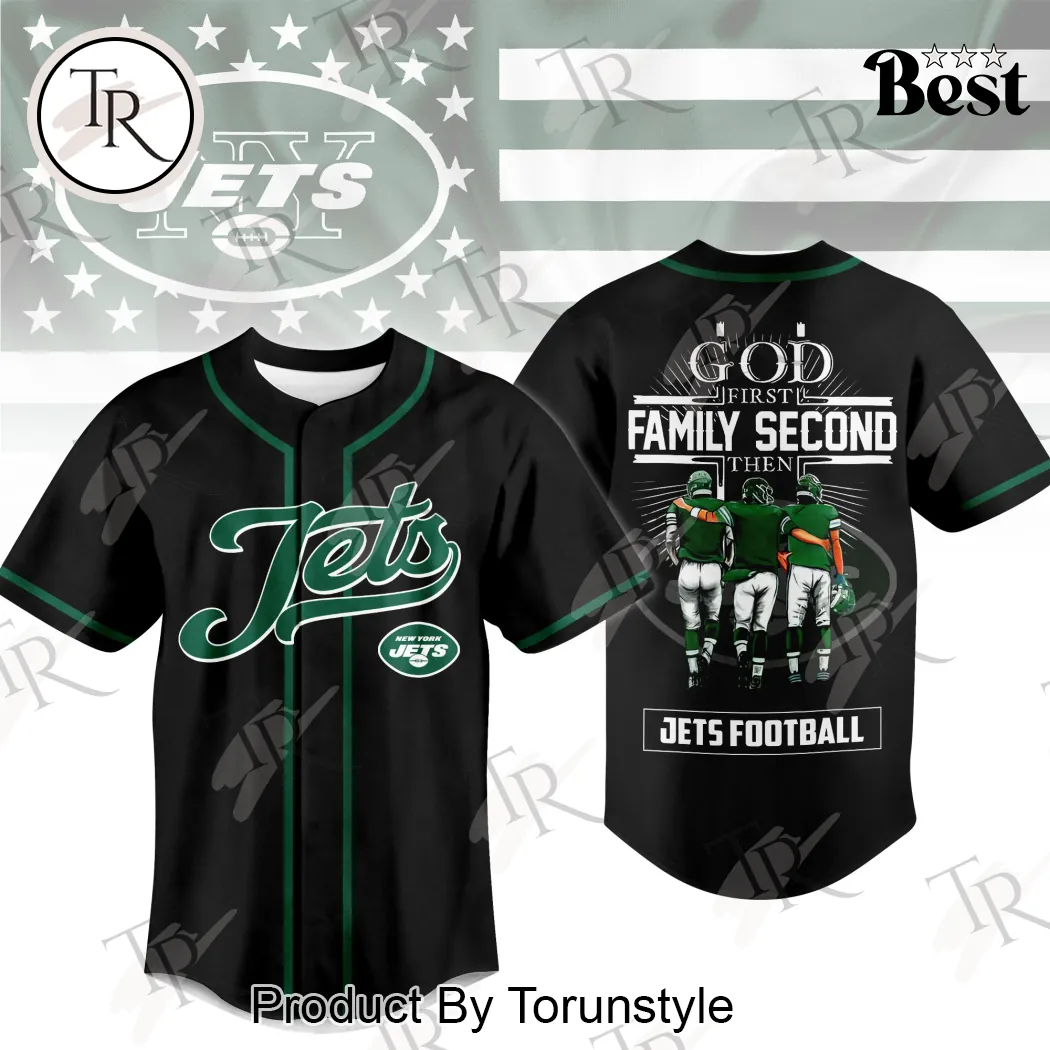 New York Jets God First Family Second Faith and Brotherhood Premium Black Graphic Baseball Jersey New York Jets God First Family Second Faith and Brotherhood Premium Black Graphic Baseball Jersey