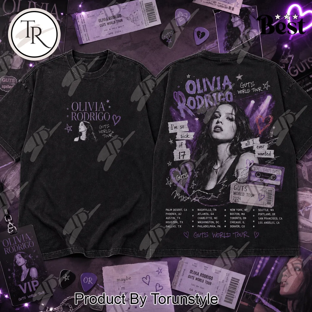 Olivia Rodrigo Guts World Tour 2024 Vintage Washed Graphic T-Shirt Olivia Rodrigo Guts World Tour 2024 Vintage Washed Graphic T-Shirt