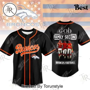 Denver Broncos God First Family Second Faith and Brotherhood Premium Black Baseball Jersey Denver Broncos God First Family Second Faith and Brotherhood Premium Black Baseball Jersey