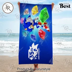 Sonic the Hedgehog 35th Anniversary Chaos Emeralds Vibrant Blue Beach Towel