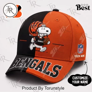 Cincinnati Bengals Snoopy Personalized Name Split Color Embroidered Baseball Cap