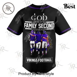 Minnesota Vikings God First Family Second Faith and Brotherhood Premium Black Baseball Jersey