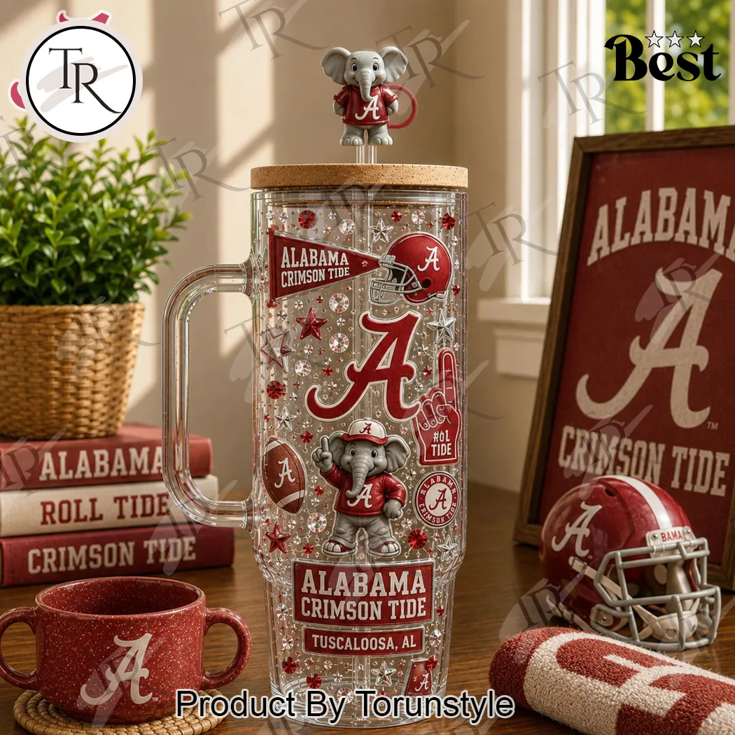 Alabama Crimson Tide Luxury Clear Rhinestone Travel Mug with Elephant Topper 40oz Tumbler Alabama Crimson Tide Luxury Clear Rhinestone Travel Mug with Elephant Topper 40oz Tumbler