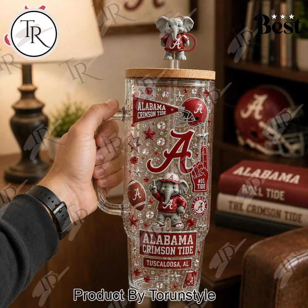 Alabama Crimson Tide Luxury Clear Rhinestone Travel Mug with Elephant Topper 40oz Tumbler Alabama Crimson Tide Luxury Clear Rhinestone Travel Mug with Elephant Topper 40oz Tumbler