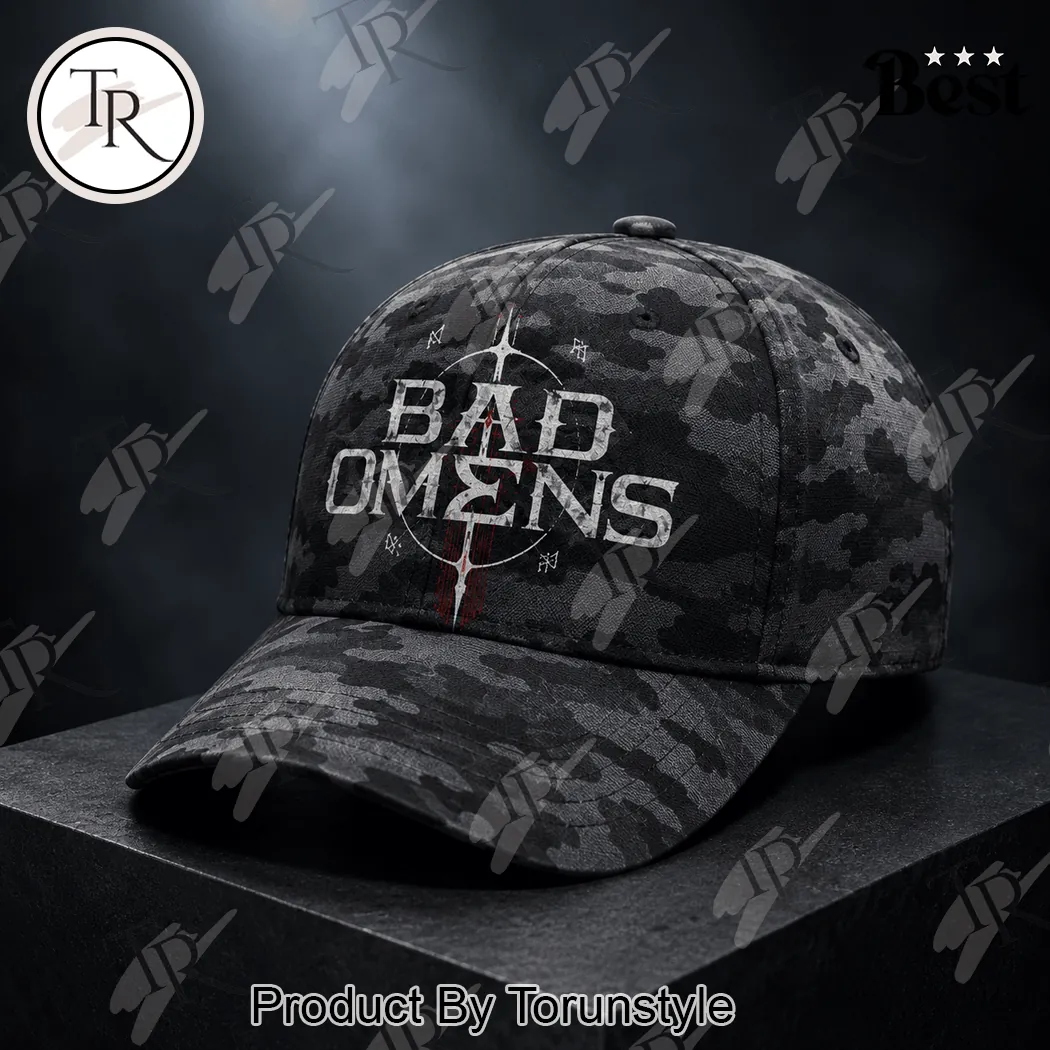Bad Omens Band Dark Omen Graphic Black Camouflage Baseball Cap Bad Omens Band Dark Omen Graphic Black Camouflage Baseball Cap