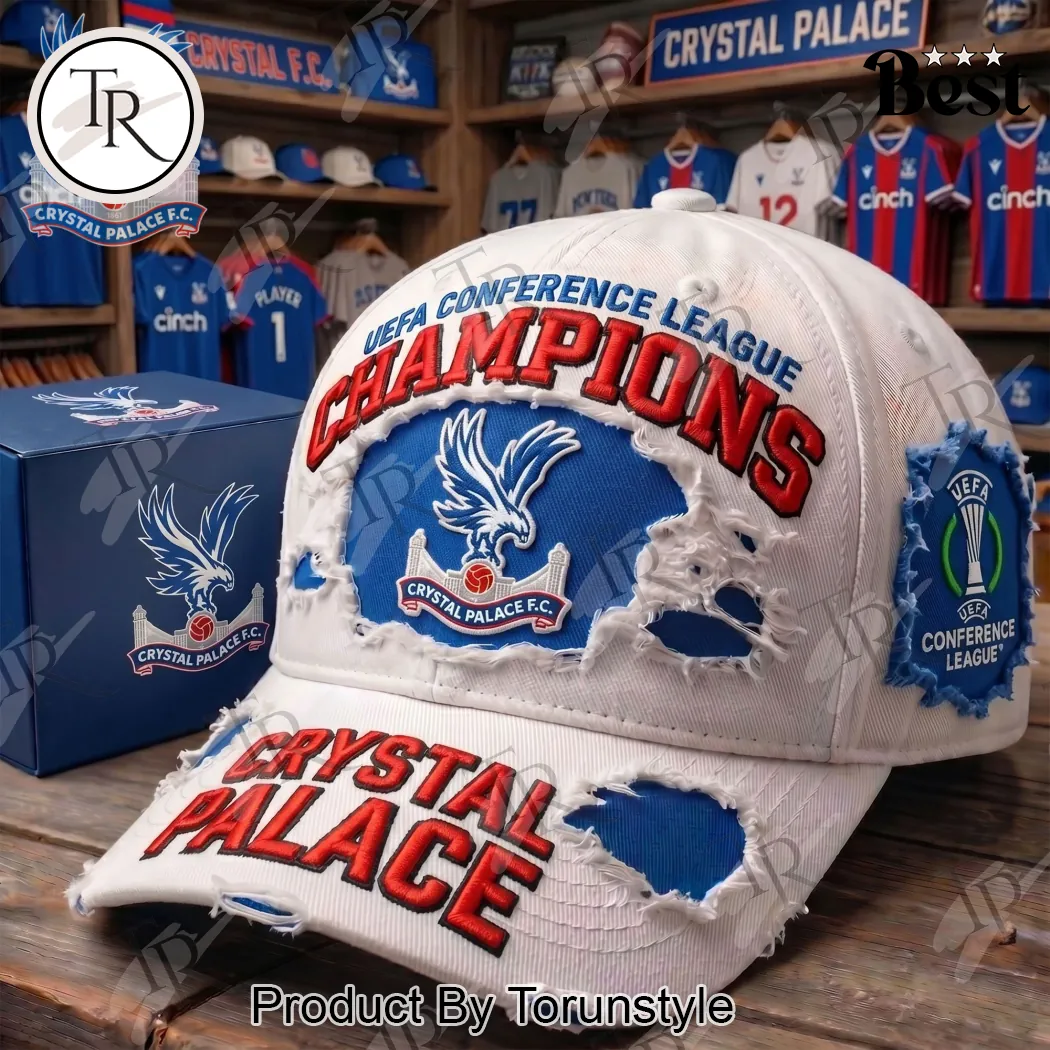 Crystal Palace FC UEFA Conference League Champions Distressed Embroidered Commemorative Baseball Cap Crystal Palace FC UEFA Conference League Champions Distressed Embroidered Commemorative Baseball Cap