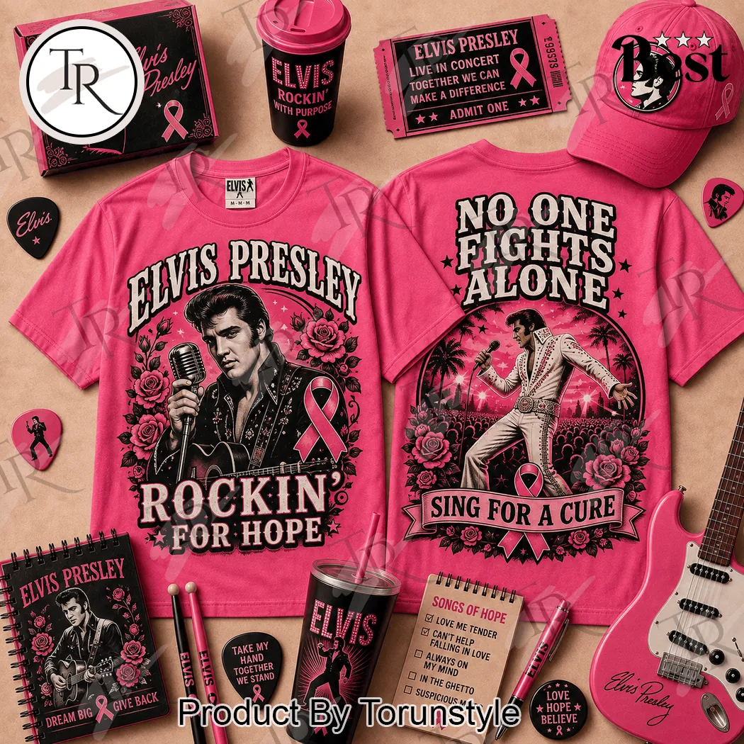 Elvis Presley Breast Cancer Awareness Pink Ribbon Rockin For Hope Graphic T-Shirt Elvis Presley Breast Cancer Awareness Pink Ribbon Rockin For Hope Graphic T-Shirt