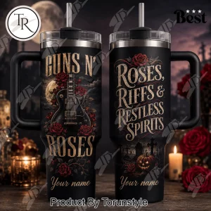 Guns N’ Roses Roses Riffs and Restless Spirits Custom Name Spooky Halloween 40oz Tumbler