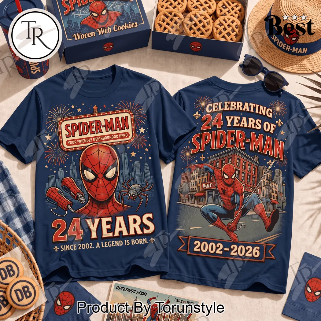 Spider-Man 24 Years Anniversary 2002-2026 New York Skyline Commemorative Graphic T-Shirt Spider-Man 24 Years Anniversary 2002-2026 New York Skyline Commemorative Graphic T-Shirt