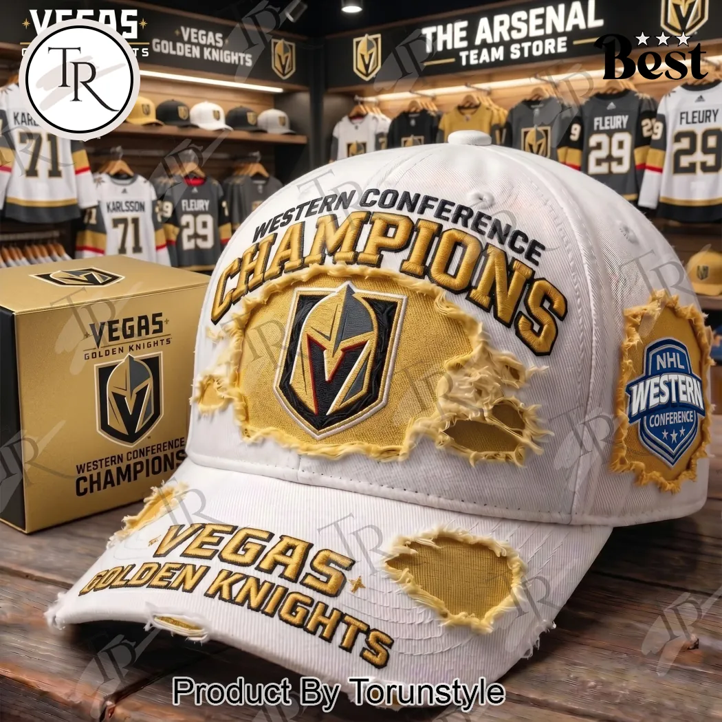 Vegas Golden Knights Western Conference Champions Distressed Embroidered Baseball Cap Vegas Golden Knights Western Conference Champions Distressed Embroidered Baseball Cap