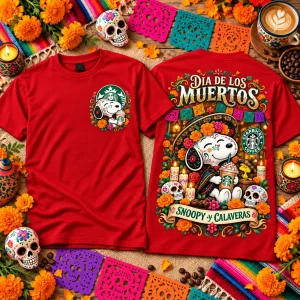 Snoopy Dia de los Muertos Starbucks Coffee Yellow Two-Sided Graphic T-Shirt