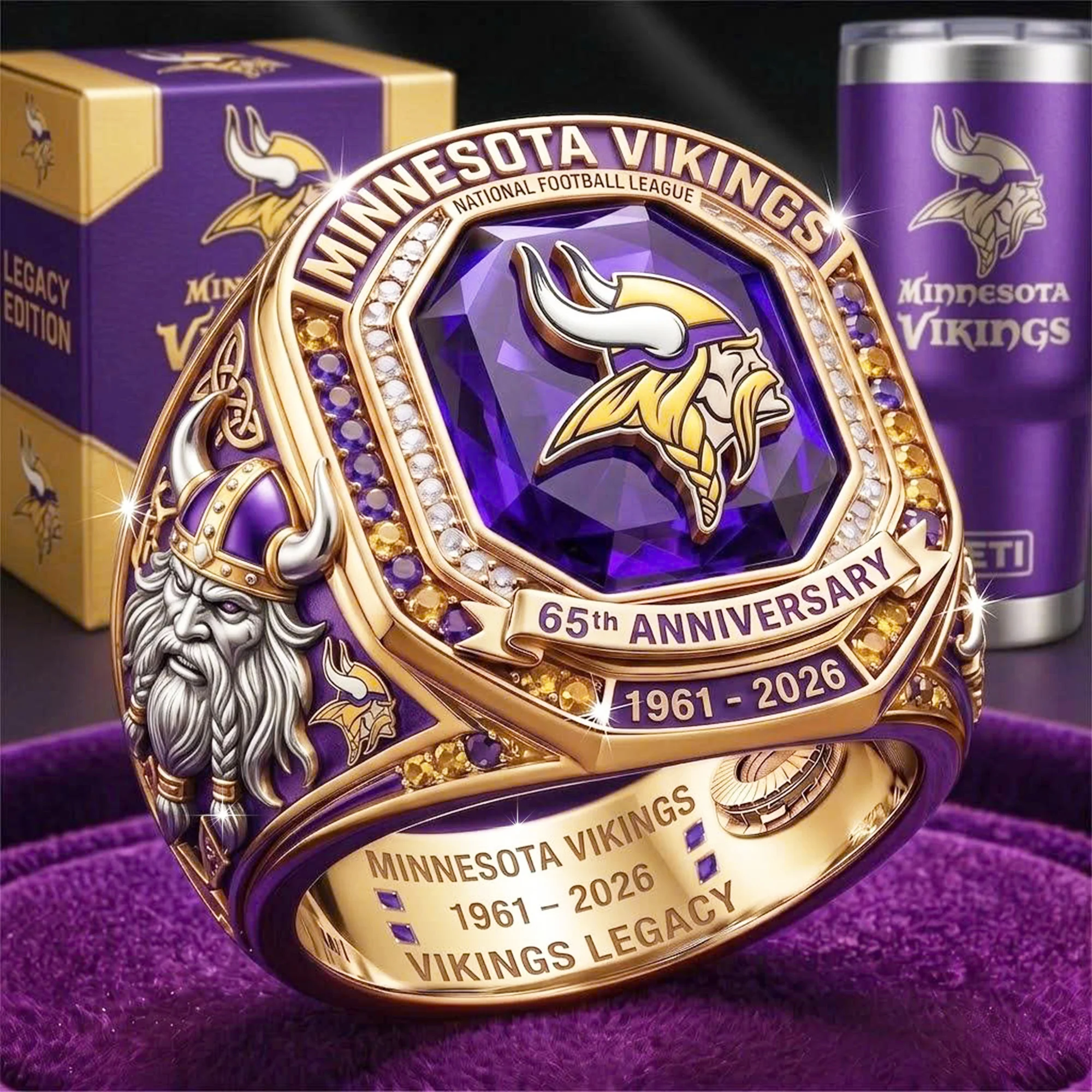 Minnesota Vikings 65th Anniversary (1961-2026) Commemorative Legacy Championship Ring with Faceted Purple Amethyst Gemstone Minnesota Vikings 65th Anniversary (1961-2026) Commemorative Legacy Championship Ring with Faceted Purple Amethyst Gemstone