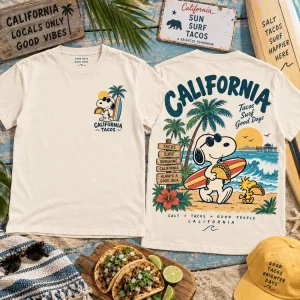 Snoopy and Woodstock California Surf Taco Retro Vintage Summer Beach Graphic T-Shirt