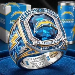 Los Angeles Chargers 66th Anniversary (1960-2026) Commemorative Legacy Championship Ring with Faceted Azure Blue Sapphire Gemstone