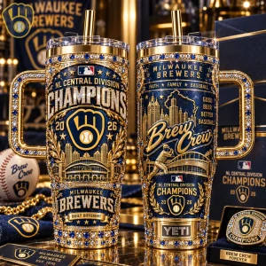 Milwaukee Brewers 2026 NL Central Division Champions Luxury Gold Rhinestone 40oz Tumbler