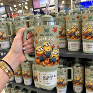 Minions Cozy Fall Days Autumn Pumpkin Sage Green Insulated 40oz Tumbler