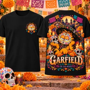 Garfield Dia de los Muertos Sugar Skull Yellow Festive Graphic T-Shirt