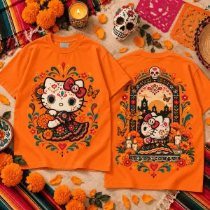 Hello Kitty Dia de los Muertos Sugar Skull Floral Yellow Graphic T-Shirt
